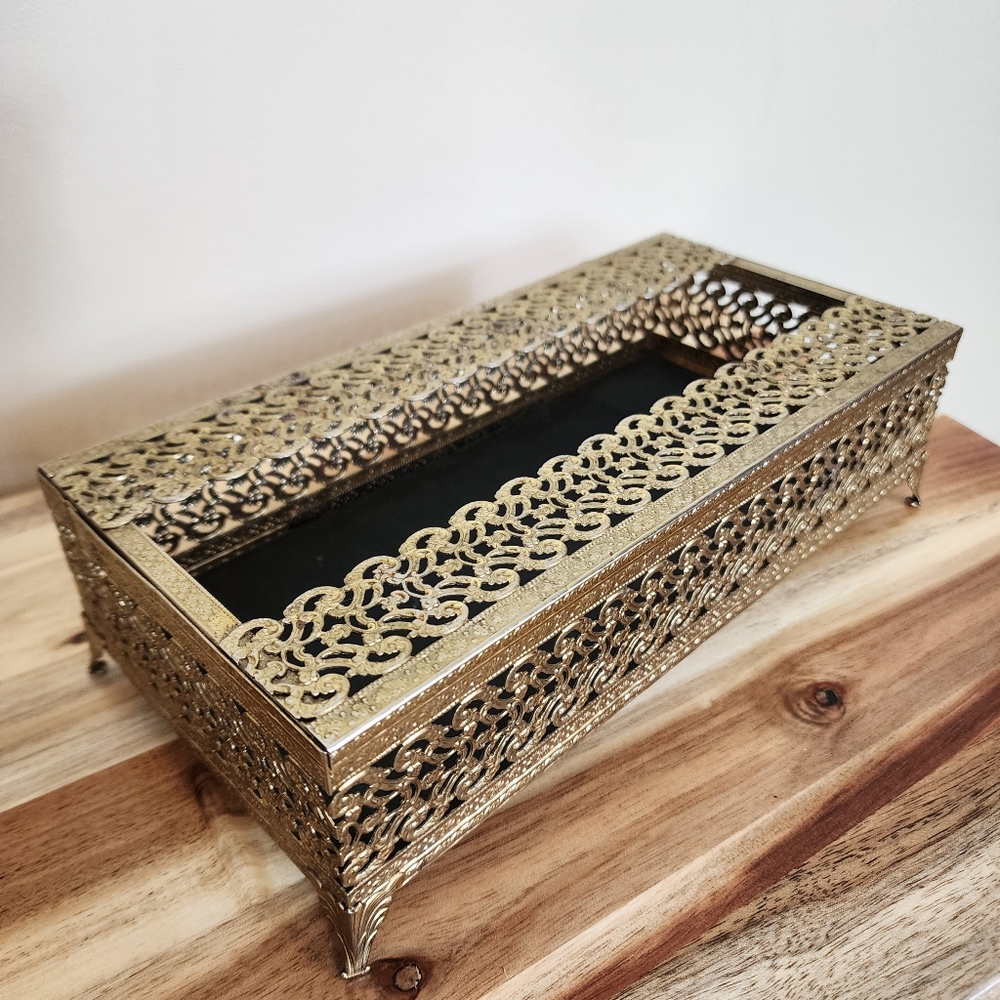 Vintage 1960s Hollywood Regency Gold Ornate Tissue Box Holder Filigree MCM